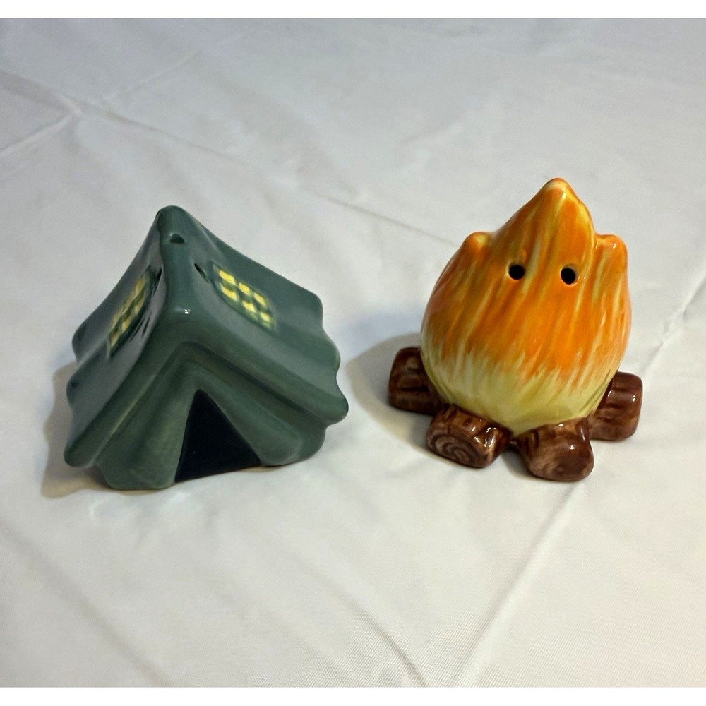 Cracker Barrel Salt & Pepper Shakers Set- Green Tent & Campfire!